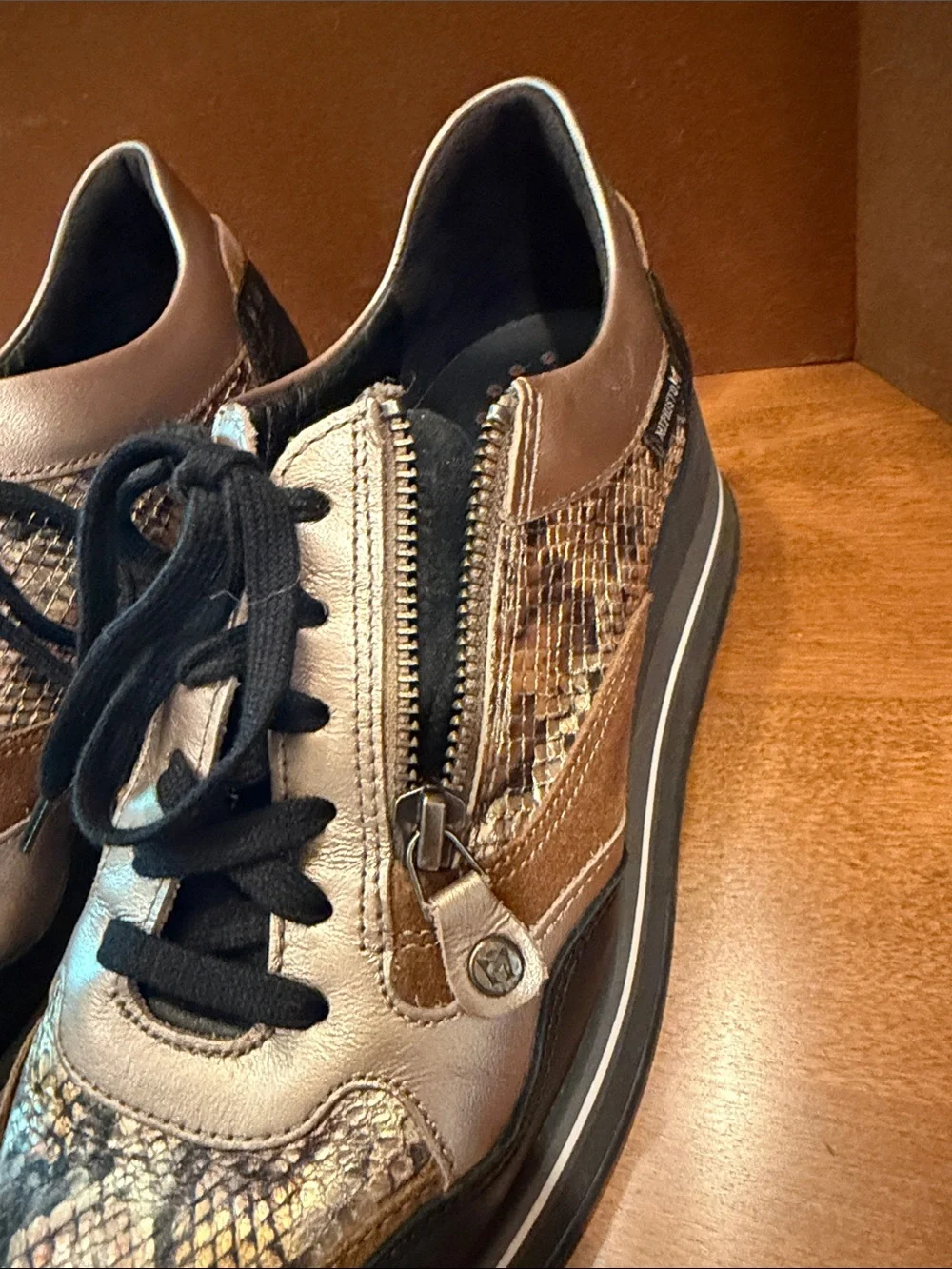 Mephisto Women's Brown Black Tan Snake-Print Athletic Sneakers